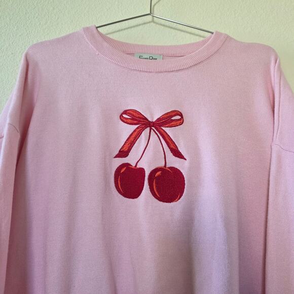 Faded Rose Pink Cherry Embroidered Sweater Womens Size L Soft Knit Long Sleeve - Picture 2 of 12